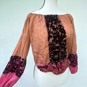 Y2K Burgundy Velvet Burnout & Rust Silk Off Shoulder Fairy Top Size Medium